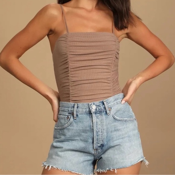 Lulus Tops - Lulus Ruche Order Taupe Ribbed Ruched Cami Tank Bodysuit Women’s Size Medium
